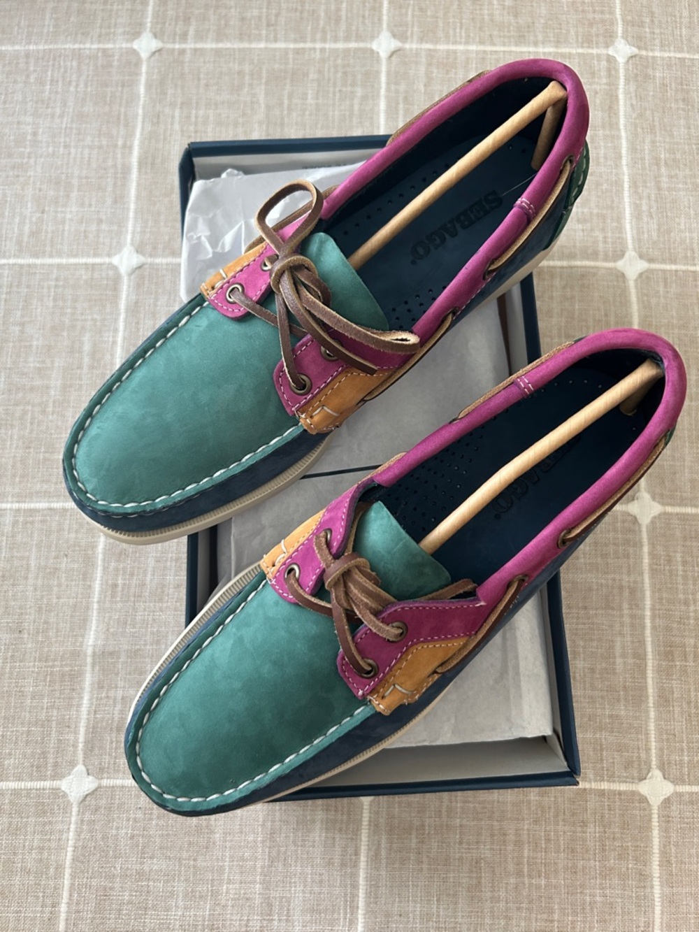 Men’s Sebago Teal, Pink & Tan Men's Boat Shoes